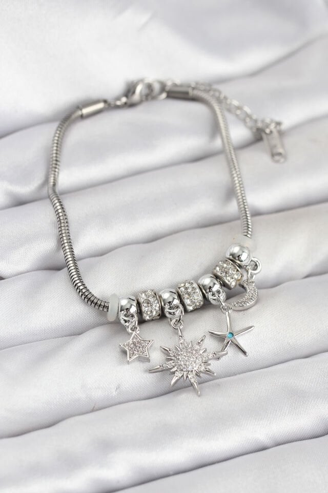 Pirinç Gümüş Renk Güneş Tema Charmlı Kadın Bileklik