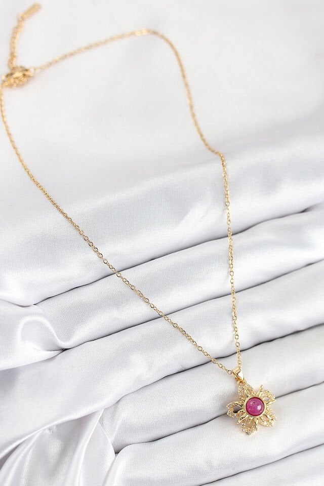 316L Çelik Zirkon Taşlı Döner Güneş Model Gold Renk Kadın Kolye