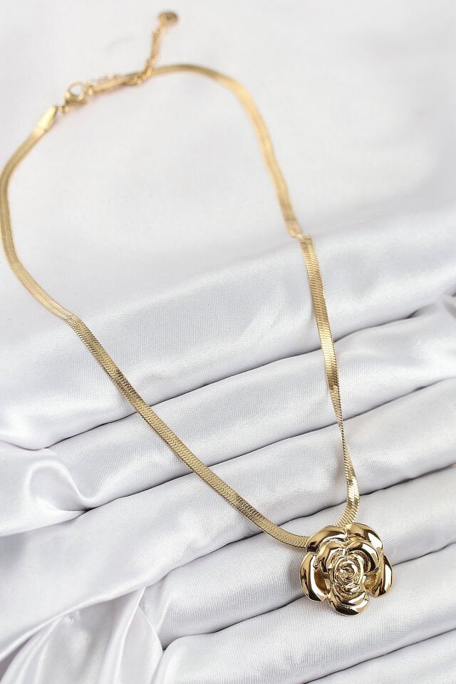 316L Çelik Gül Figürlü İtalyan Zincir Model Gold Renk Kadın Kolye