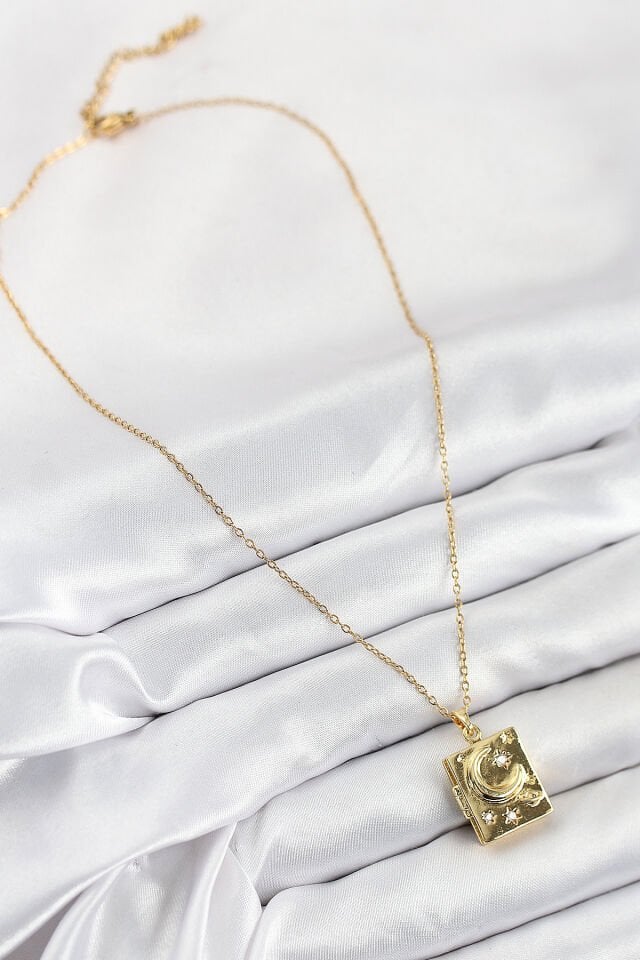 316L Çelik Zirkon Taşlı Açılabilr Kapaklı Kitap Model Gold Renk Kadın Kolye