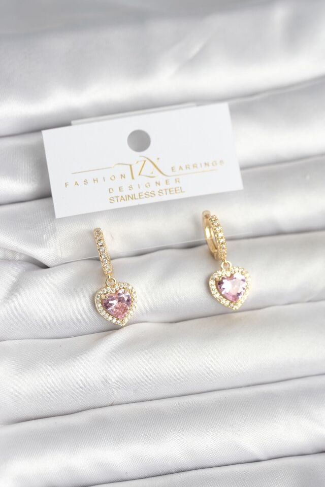 Pirinç Gold Pembe Renk Zirkon Taşlı Kalp Model Kadın Küpe