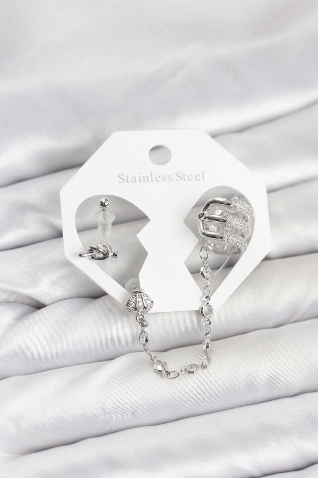 Pirinç Gümüş Renk Sarmal Model Zincir Bağlantılı Ear Cuff Küpe Seti