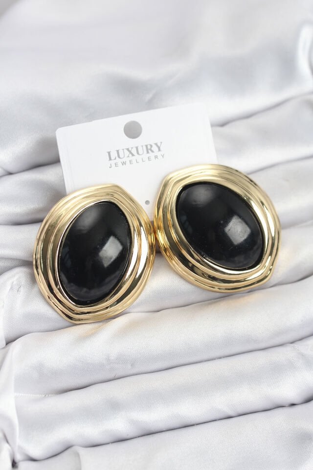 Pirinç Siyah Badem Model Vintage Gold Kadın Küpe