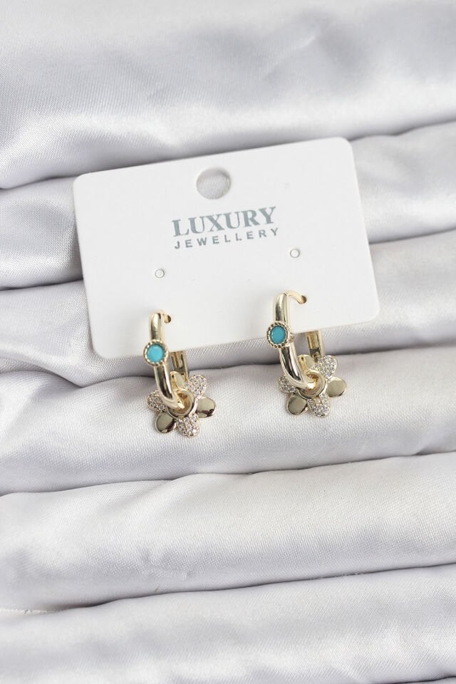 Mavi Taş Detaylı Pirinç Gold Renk Kadın Göçmen Küpesi