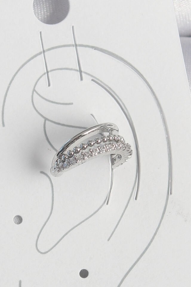 Pirinç Gümüş Renk Zirkon Taşlı 3'Lü Sıralı Kadın Kıkırdak Küpe