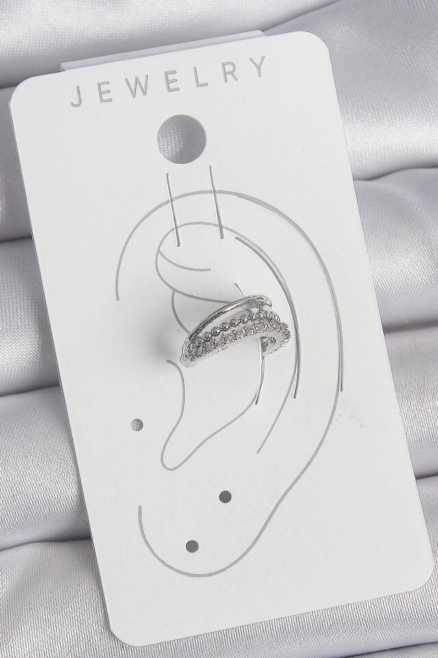 Pirinç Gümüş Renk Zirkon Taşlı 3'Lü Sıralı Kadın Kıkırdak Küpe