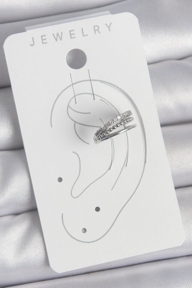 Pirinç Gümüş Renk Zirkon Taşlı 3'Lü Sıralı Model Kadın Kıkırdak Küpe