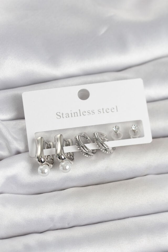 316L Çelik Gümüş Renk Kadın Küpe Seti