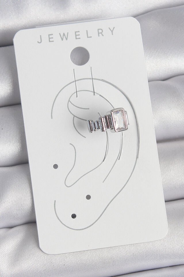 Pirinç Gümüş Renk Kare Zirkon Taşlı Kadın Kıkırdak Model Küpe