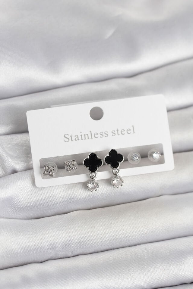 316L Çelik Gümüş Renk Yonca Detaylı Kadın Küpe Seti