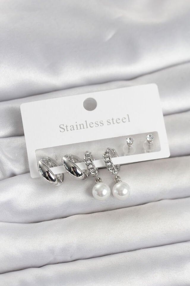 316L Çelik Gümüş Renk inci Halka Detaylı Kadın Küpe Seti