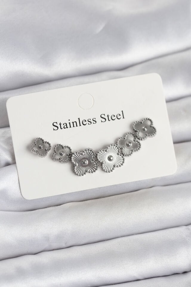 316L Çelik Gümüş Renk Yonca Küpe Seti