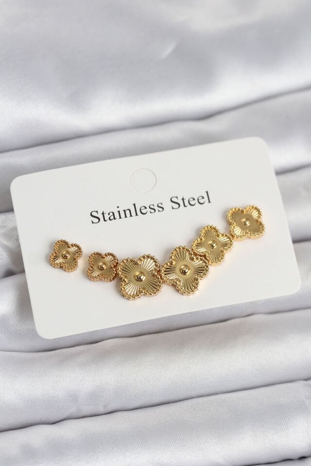 316L Çelik Gold Renk Yonca Küpe Seti