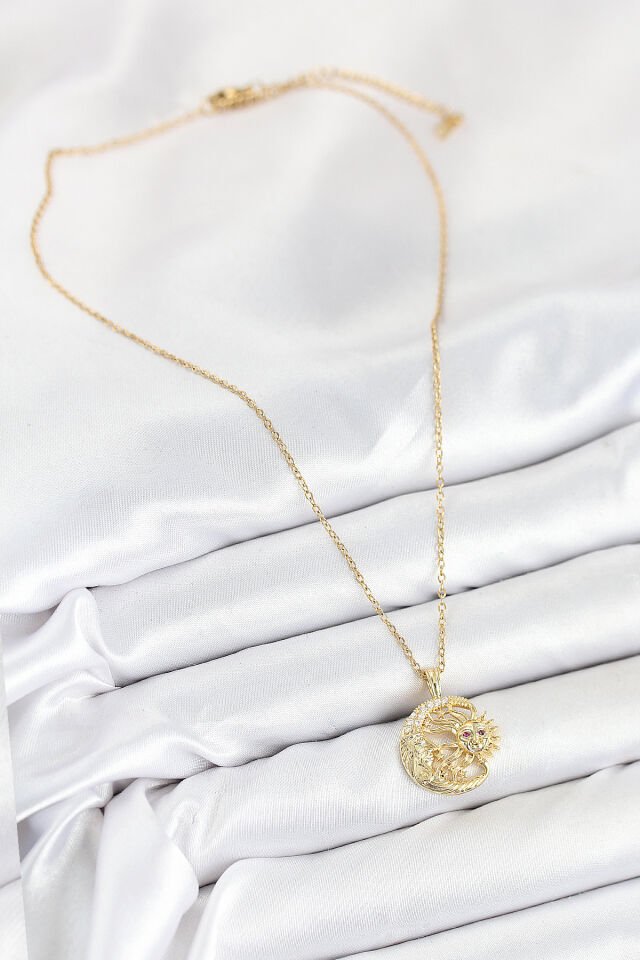 316L Çelik Zirkon Taşlı Ay Ve Güneş Model Gold Renk Kadın Kolye