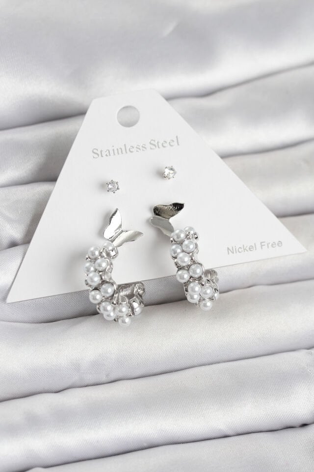 Pirinç Gümüş Renk Kelebek Detaylı Kadın Küpe Seti