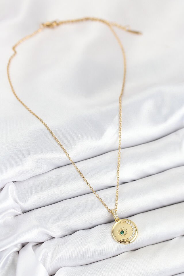 316L Çelik Zirkon Taşlı Ay Ve Güneş Model Gold Renk Kadın Kolye