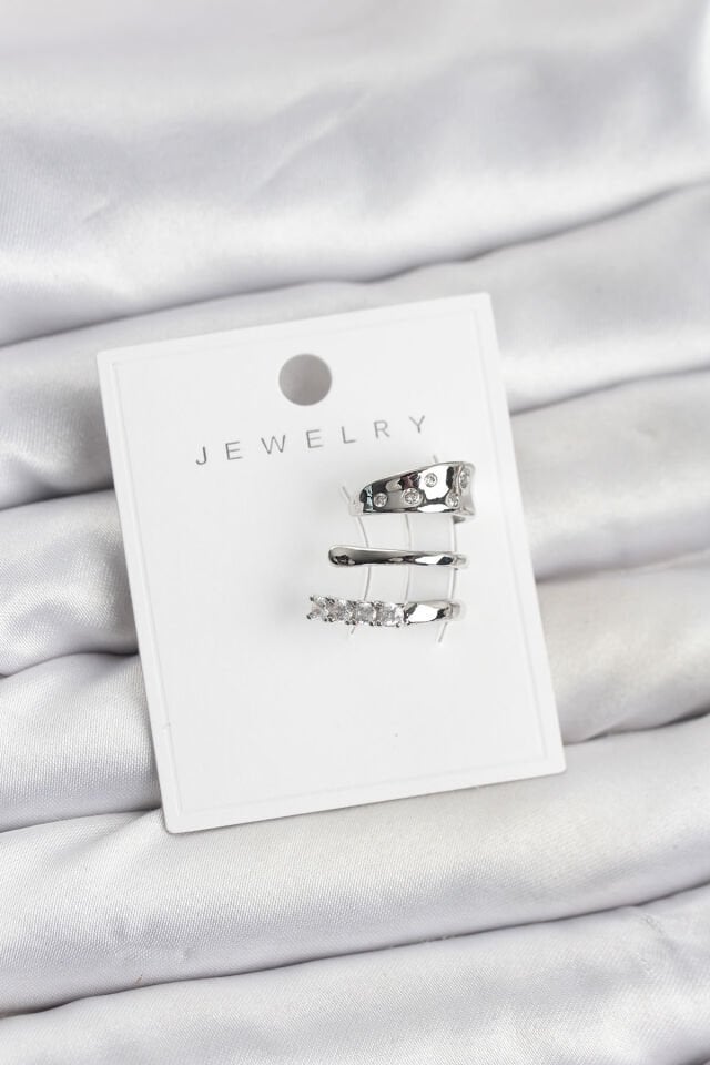 Gümüş Renk Zirkon Taşlı Pirinç Kıkırdak Küpe