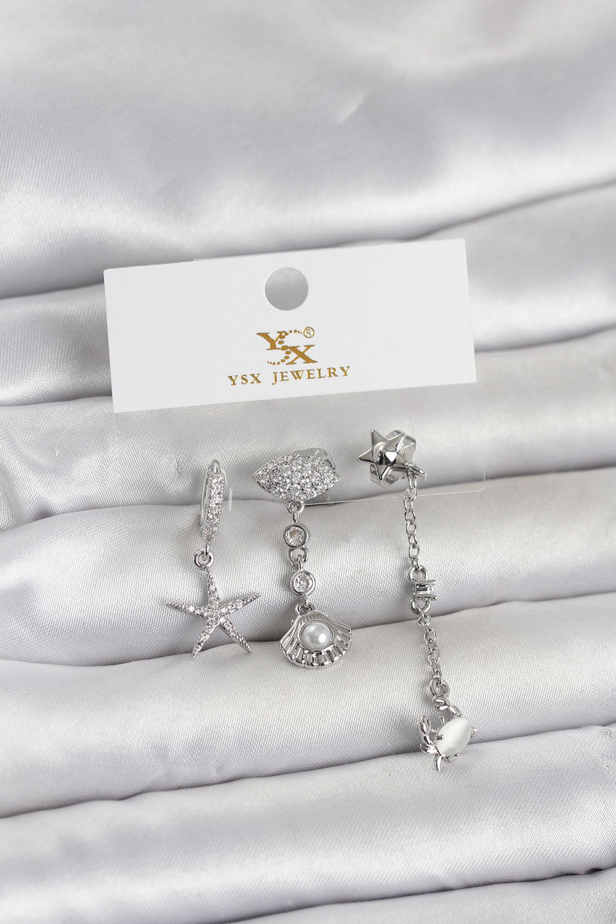 Pirinç Gümüş Renk Zirkon Taşlı Deniz Temalı 3'lü Kadın Küpe