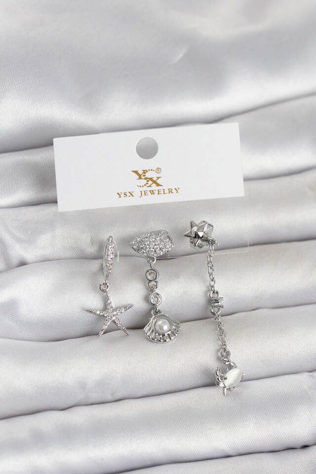 Pirinç Gümüş Renk Zirkon Taşlı Deniz Temalı 3'lü Kadın Küpe