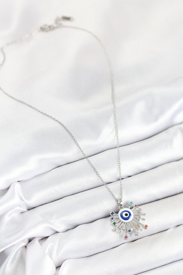 316L Çelik Zirkon Taşlı Nazar Model Gümüş Renk Kadın Kolye