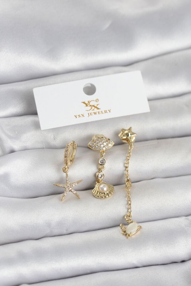 Pirinç Gold Renk Zirkon Taşlı Deniz Temalı 3'lü Kadın Küpe