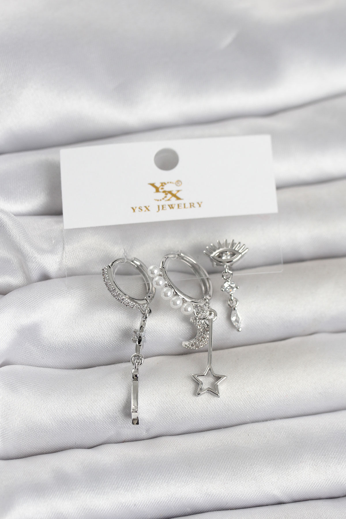 Pirinç Gümüş Renk Zirkon Taşlı Gece Temalı 3'lü Kadın Küpe