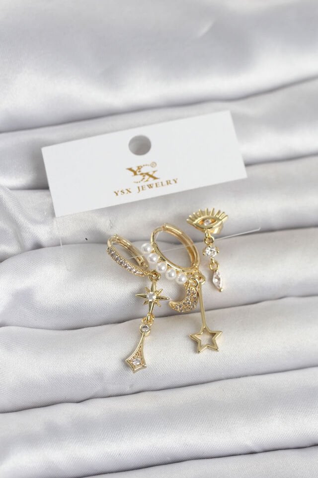 Pirinç Gold Renk Zirkon Taşlı Gece Temalı 3'lü Kadın Küpe