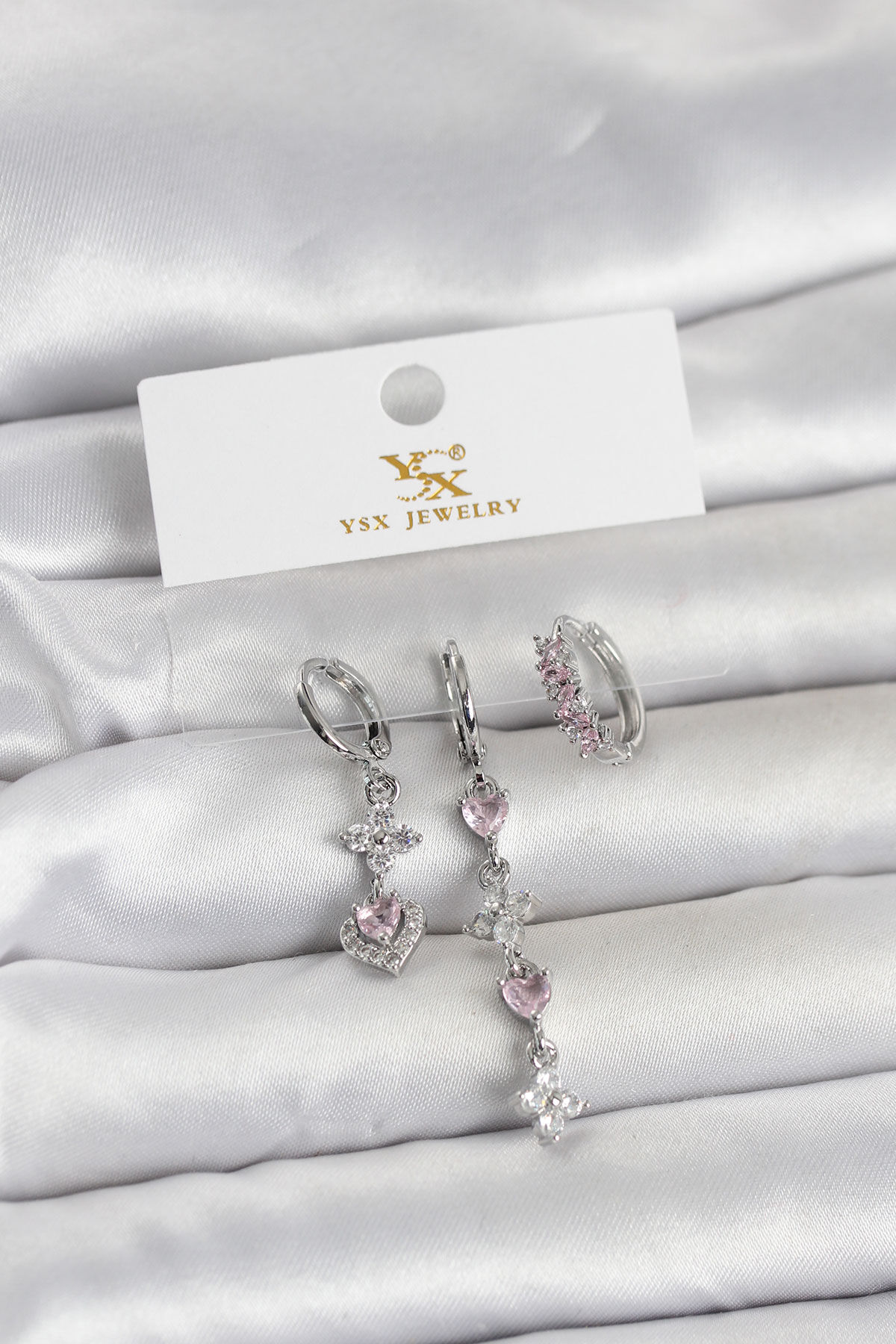 Pirinç Gümüş Renk Pembe Zirkon Taşlı 3'lü Kadın Küpe