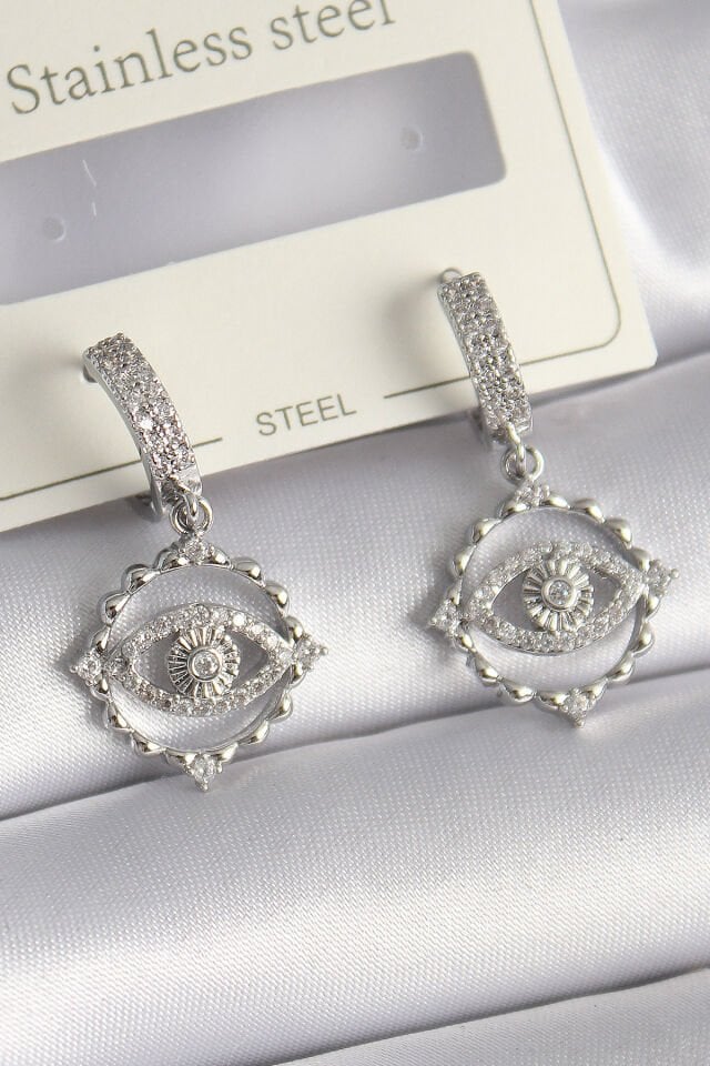 Pirinç Gümüş Renk Zirkon Taşlı Göz Model Kadın Küpe