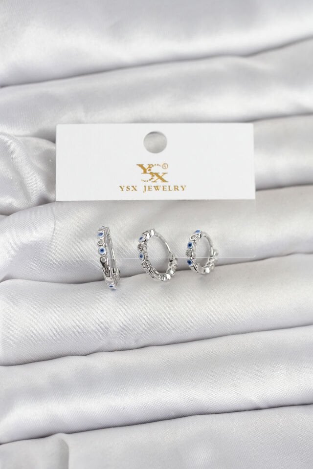 Pirinç Gümüş Renk Nazarlı Model 3'lü Kadın Küpe