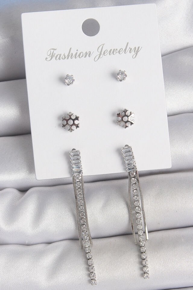 Pirinç Gold Renk Zirkon Taşlı Sallantılı Çiçek Detay 3 Çfit Kadın Küpe Seti