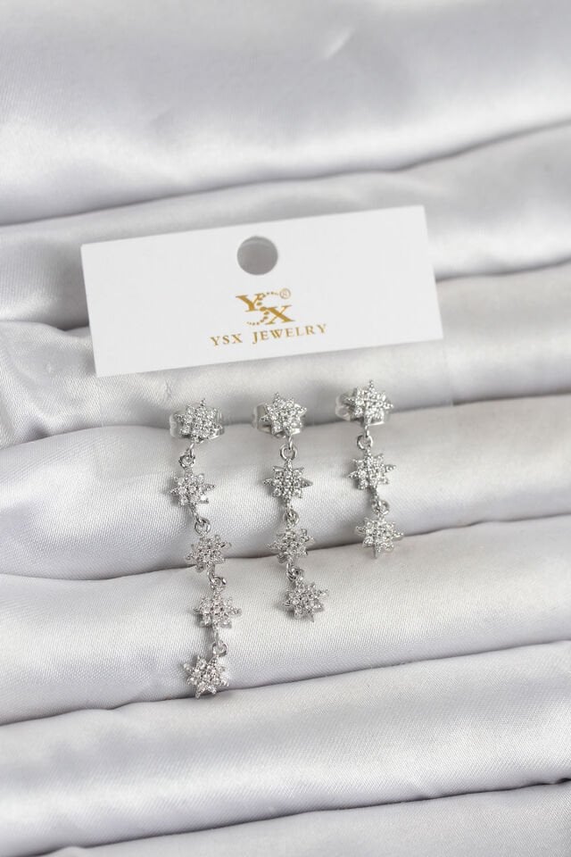 Pirinç Gümüş Renk Sıralı Kutup Yıldızı Model 3'lü Kadın Küpe