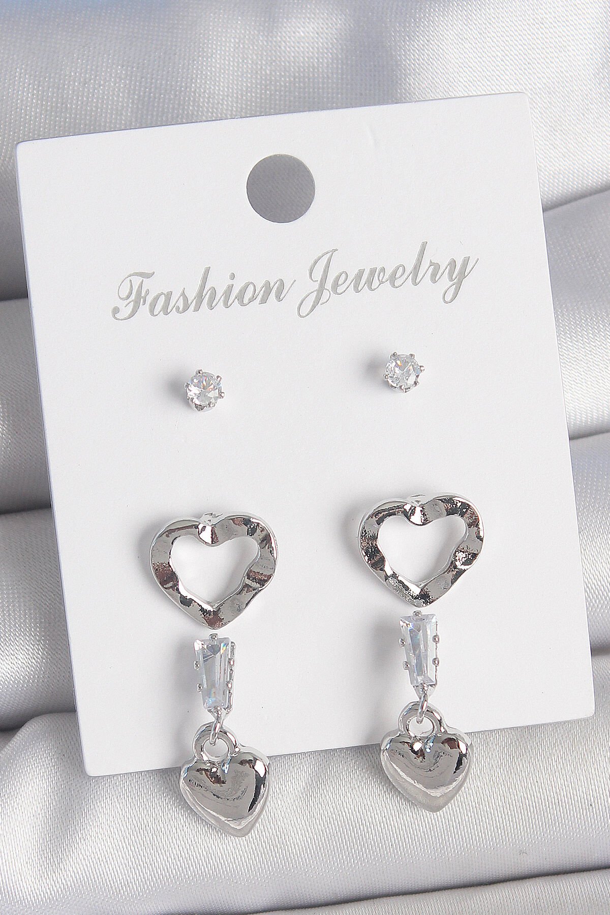 Pirinç Gümüş Renk Zirkon Taş Detaylı Sallantı Model 2 Çift Kadın Küpe Seti