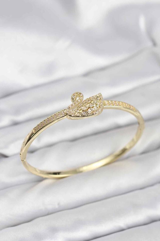 Pirinç Gold Renk Zirkon Taşlı Kuğu Model Kadın Kelepçe Bileklik