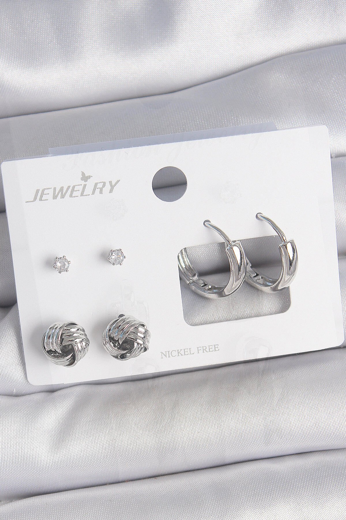 Pirinç Gümüş Renk Zirkon Taşlı Halka Model 3 Çift Kadın Küpe Seti