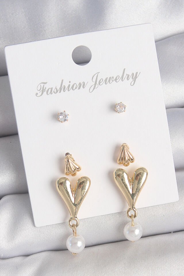 Pirinç Gold Renk Zirkon Taşlı İncili Sallantılı Kalp Model 3 Çift Kadın Küpe Seti