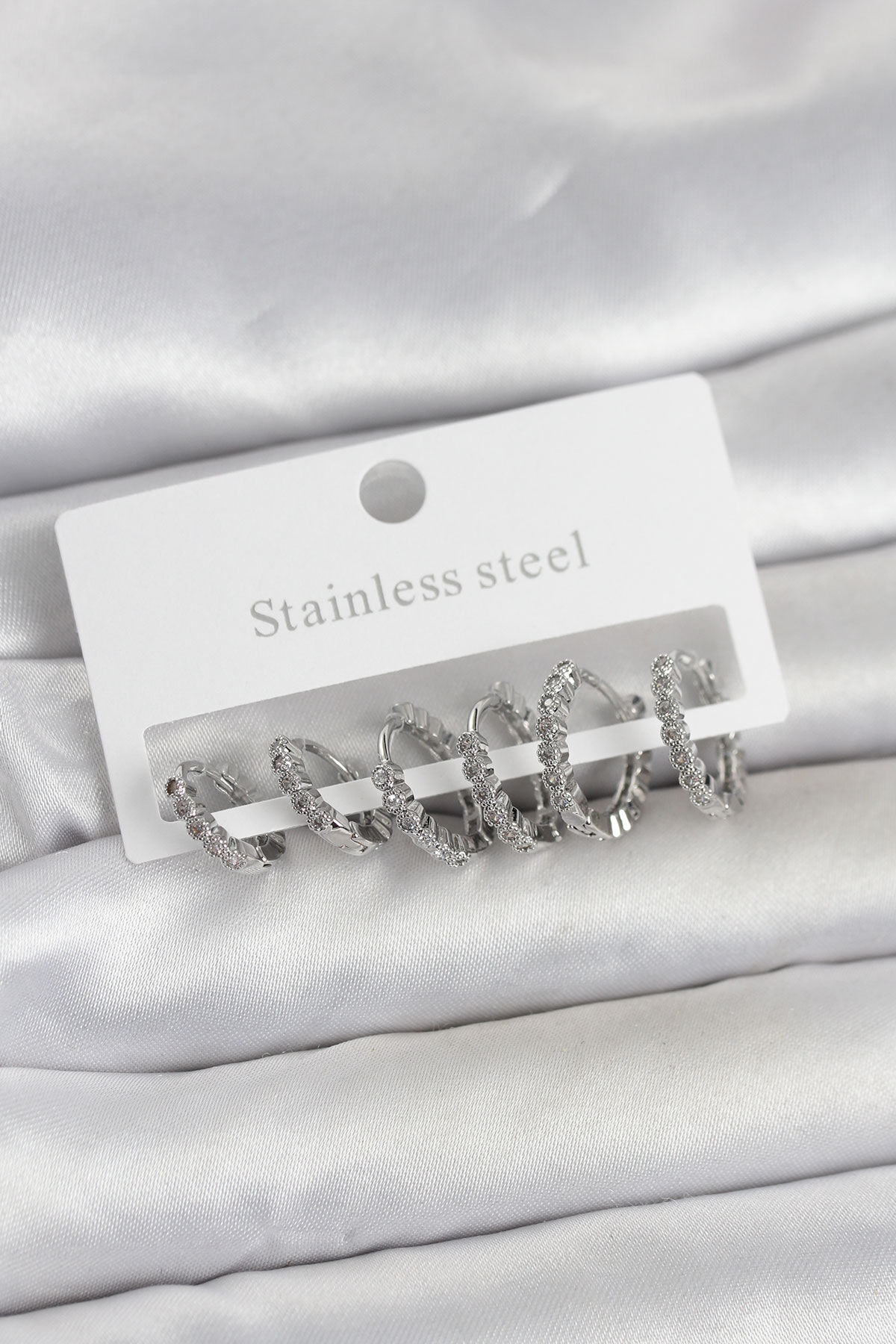 316L Çelik Gümüş Renk Zirkon Taşlı Halka Model Kadın Küpe Seti