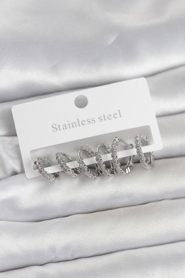 316L Çelik Gümüş Renk Zirkon Taşlı Halka Model Kadın Küpe Seti