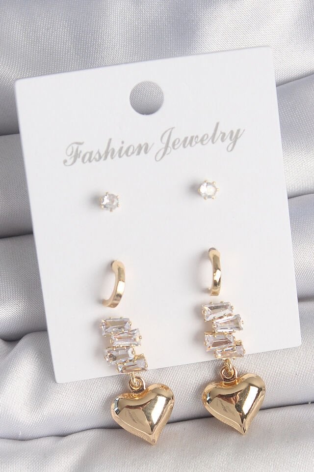 Pirinç Gold Renk Zirkon Taşlı Sallantılı Kalp Model Yarım Halka Detay 3 Çift Kadın Küpe Seti