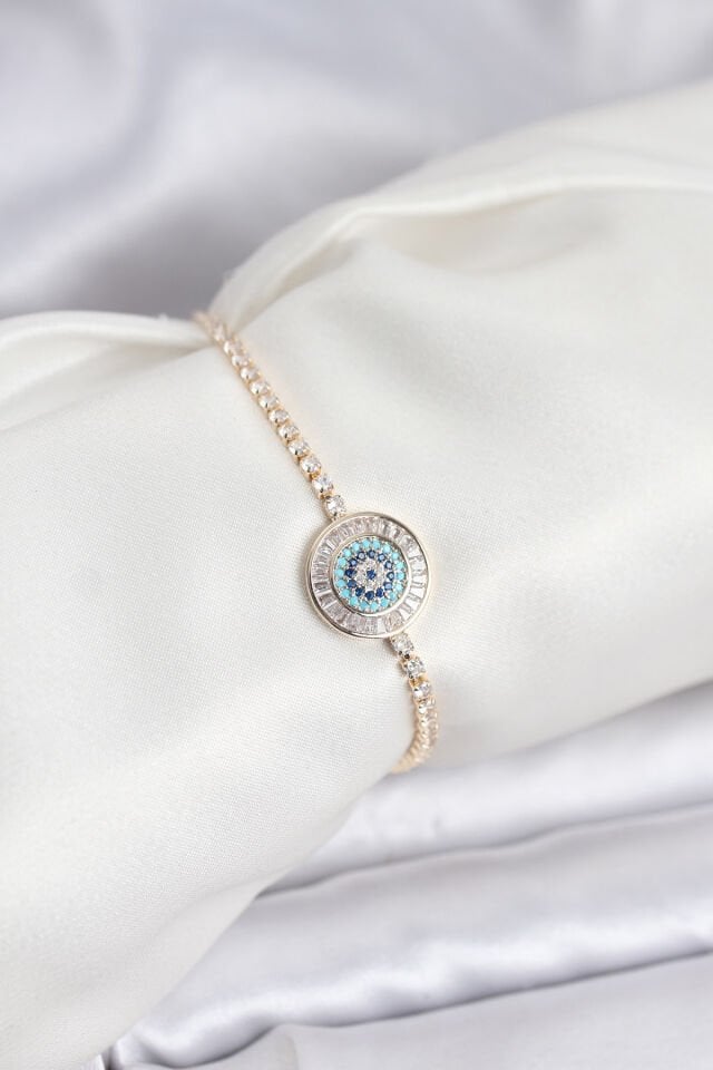 Gold Renk Nazar Model Zirkon Taşlı Asansörlü Su Yolu Bileklik