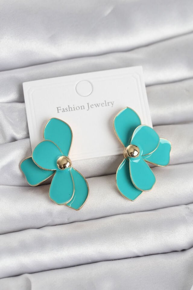 Turkuaz Mineli Lotus Model Pirinç Kadın Küpe