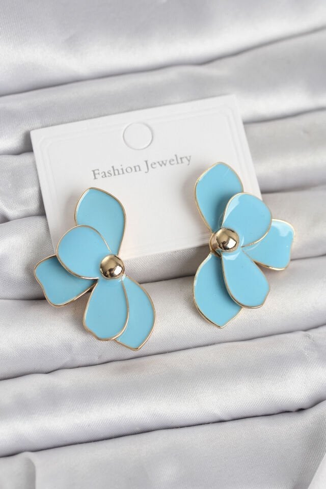 Mavi Mineli Lotus Model Pirinç Kadın Küpe