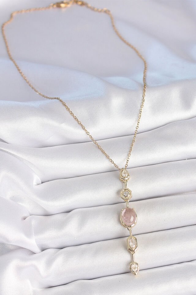 316L Çelik Zincir Gold Renk Pembe Zirkon Taşlı Y Kolye