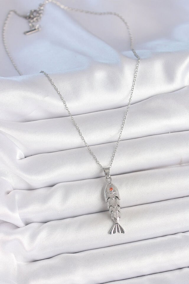 316L Çelik Zincir Gümüş Renk Zirkon Taşlı Balık Figürlü Kolye