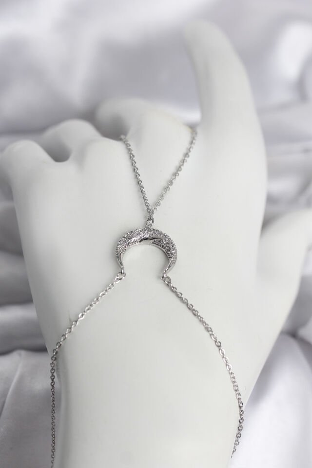 Pirinç Gümüş Renk Hilal Model Zirkon Taşlı Kadın Şahmeran