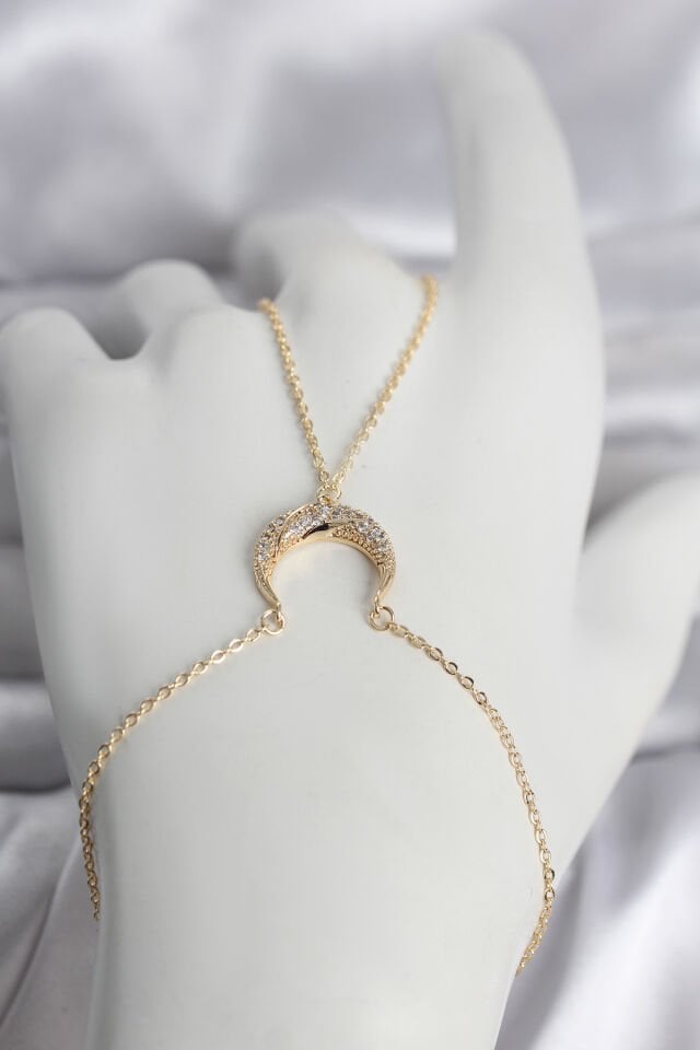 Pirinç Gold Renk Hilal Model Zirkon Taşlı Kadın Şahmeran