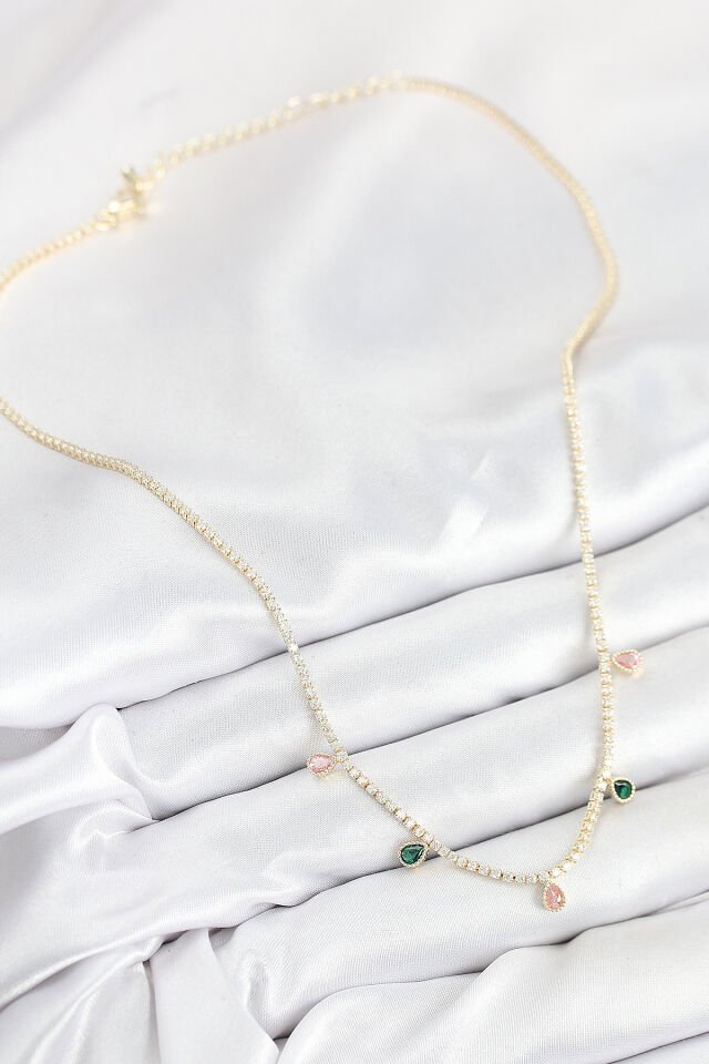 Pirinç Zirkon Taşlı Su Yolu Damla Model Gold Renk Kadın Kolye