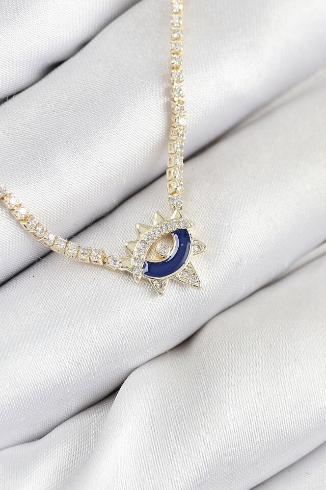 Pirinç Zirkon Taşlı Su Yolu Göz Model Gold Renk Kadın Kolye