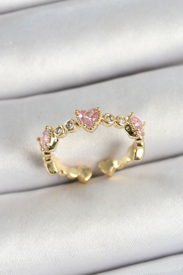 Pirinç Sıralı Kalp Figürlü Zirkon Taşlı Gold Renk Ayarlanabilir Kadın Yüzük