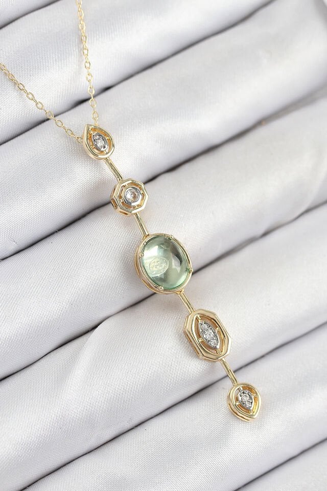 Pirinç Zincir Yeşil Gold Renk Zirkon Taşlı Y Kolye